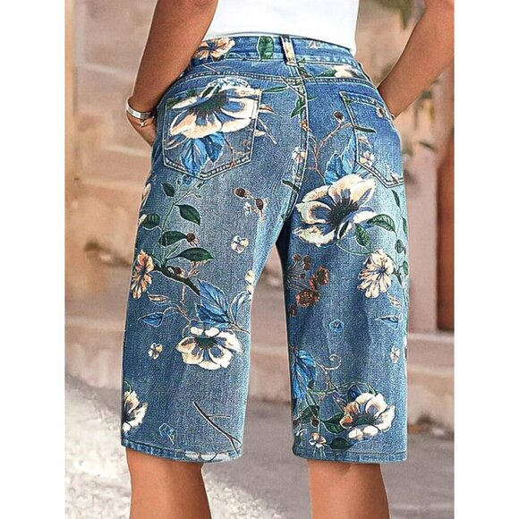Women's High Waisted Floral Bermuda Shorts Denim Summer Casual Fit - Picture 3 of 5